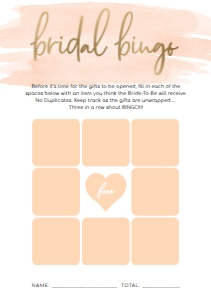 WAT-PEA-10-B592 - WATERCOLOUR PEACH - GOLD FOIL - BRIDAL BINGO 9 SQUARE GAME - A5: WAT-PEA-10-B593 - WATERCOLOUR PEACH - GOLD FOIL - BRIDAL SHOWER GAMES BUNDLE