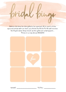WAT-PEA-10-B592 - WATERCOLOUR PEACH - GOLD FOIL - BRIDAL BINGO 9 SQUARE GAME - 5" x 7": WAT-PEA-10-B593 - WATERCOLOUR PEACH - GOLD FOIL - BRIDAL SHOWER GAMES BUNDLE