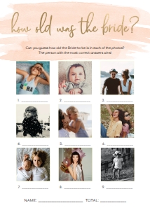 WAT-PEA-10-B1647 - WATERCOLOUR PEACH - GOLD - HOW OLD WAS THE BRIDE PHOTO GAME - 5" x 7": WAT-PEA-10-B593 - WATERCOLOUR PEACH - GOLD FOIL - BRIDAL SHOWER GAMES BUNDLE