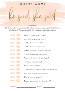 WAT-PEA-10-B590 - WATERCOLOUR PEACH - GOLD FOIL - GUESS WHO GAME - 5" x 7": WAT-PEA-10-B593 - WATERCOLOUR PEACH - GOLD FOIL - BRIDAL SHOWER GAMES BUNDLE