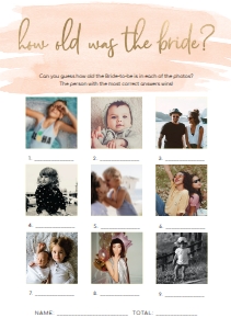 WAT-PEA-10-B1647 - WATERCOLOUR PEACH - GOLD - HOW OLD WAS THE BRIDE PHOTO GAME - A5: WAT-PEA-10-B593 - WATERCOLOUR PEACH - GOLD FOIL - BRIDAL SHOWER GAMES BUNDLE