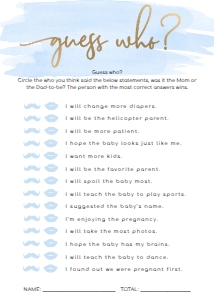 WAT-BLU-10-B191 - WATERCOLOUR BLUE - GOLD FOIL - GUESS WHO GAME - 5" x 7": WAT-BLU-10-B598 - WATERCOLOUR BLUE - GOLD - BABY SHOWER GAMES BUNDLE