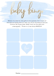 WAT-BLU-10-B451 - WATERCOLOUR BLUE - GOLD FOIL - BABY SHOWER BINGO 9 SQUARE GAME - 5" x 7": WAT-BLU-10-B598 - WATERCOLOUR BLUE - GOLD - BABY SHOWER GAMES BUNDLE