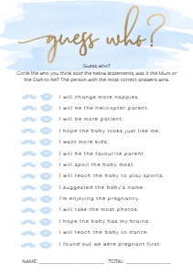 WAT-BLU-10-B191 - WATERCOLOUR BLUE - GOLD FOIL - GUESS WHO GAME - A5: WAT-BLU-10-B598 - WATERCOLOUR BLUE - GOLD - BABY SHOWER GAMES BUNDLE