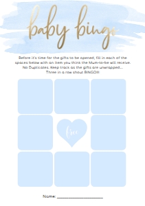 WAT-BLU-10-B451 - WATERCOLOUR BLUE - GOLD FOIL - BABY SHOWER BINGO 9 SQUARE GAME - A5: WAT-BLU-10-B598 - WATERCOLOUR BLUE - GOLD - BABY SHOWER GAMES BUNDLE