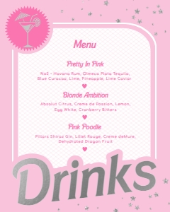 BAR-PNK-7-B2324 - BARBIE PARTY  - PINK SILVER - DRINKS MENU SIGN - 8" x 10": BAR-PNK-7-B2324 - BARBIE PARTY  - PINK SILVER - DRINKS MENU SIGN