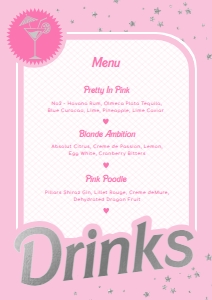 BAR-PNK-7-B2324 - BARBIE PARTY  - PINK SILVER - DRINKS MENU SIGN - A4: BAR-PNK-7-B2324 - BARBIE PARTY  - PINK SILVER - DRINKS MENU SIGN