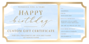 WAT-BLU-14-B1777 - WATERCOLOUR BLUE - GOLD - BIRTHDAY GIFT CERTIFICATE - 4" x 8": WAT-BLU-14-B1777 - WATERCOLOUR BLUE - GOLD - BIRTHDAY GIFT CERTIFICATE