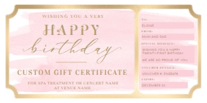 WAT-PNK-14-B1777 - WATERCOLOUR PINK - GOLD - BIRTHDAY GIFT CERTIFICATE - 4" x 8": WAT-PNK-14-B1777 - WATERCOLOUR PINK - GOLD - BIRTHDAY GIFT CERTIFICATE
