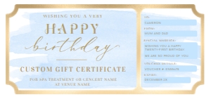 WAT-BLU-14-B1777 - WATERCOLOUR BLUE - GOLD - BIRTHDAY GIFT CERTIFICATE - DL: WAT-BLU-14-B1777 - WATERCOLOUR BLUE - GOLD - BIRTHDAY GIFT CERTIFICATE