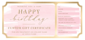 WAT-PNK-14-B1777 - WATERCOLOUR PINK - GOLD - BIRTHDAY GIFT CERTIFICATE - DL: WAT-PNK-14-B1777 - WATERCOLOUR PINK - GOLD - BIRTHDAY GIFT CERTIFICATE