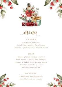 NUT-WHT-12-B1795 - NUTMEG NOEL - WHITE - NUTCRACKER CHRISTMAS MENU - 5" x 7": NUT-WHT-12-B1795 - NUTMEG NOEL - WHITE - NUTCRACKER CHRISTMAS MENU