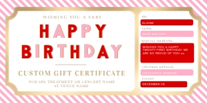 STR-RPK-14-B1813 - STRIPE - RED PINK - HAPPY BIRTHDAY GIFT CERTIFICATE - 4" x 8": STR-RPK-14-B1813 - STRIPE - RED PINK - HAPPY BIRTHDAY GIFT CERTIFICATE