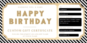 STR-BKW-14-B1813 - STRIPE - BLACK WHITE - HAPPY BIRTHDAY GIFT CERTIFICATE - 4" x 8": STR-BKW-14-B1813 - STRIPE - BLACK WHITE - HAPPY BIRTHDAY GIFT CERTIFICATE