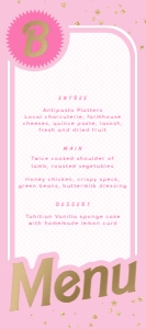 BAR-PNK-12-B1638 - BARBIE PARTY - PINK GOLD - MENU - 4" x 9": BAR-PNK-12-B1638 - BARBIE PARTY - PINK GOLD - MENU
