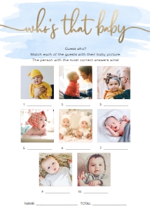 WAT-BLU-10-B1462 - WATERCOLOUR BLUE - GOLD - WHO'S THAT BABY PHOTO GAME -  8 PHOTOS - 5" x 7": WAT-BLU-10-B1462 - WATERCOLOUR BLUE - GOLD - WHO'S THAT BABY GAME