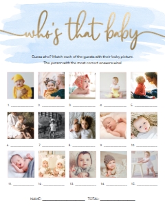 WAT-BLU-10-B1462 - WATERCOLOUR BLUE - GOLD - WHO'S THAT BABY PHOTO GAME - 15 PHOTOS - 8" x 10": WAT-BLU-10-B1462 - WATERCOLOUR BLUE - GOLD - WHO'S THAT BABY GAME