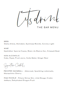 GIG-WHT-12-B1832 - GIGI SCRIPT - WHITE - DRINKS MENU SIGN - 5" x 7": GIG-WHT-12-B1832 - GIGI SCRIPT - WHITE - DRINKS MENU SIGN