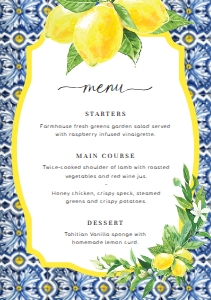 POS-BLY-12-B024 - POSITANO BLUE TILE - LEMONS - MENU - A5: POS-BLY-12-B024 - POSITANO BLUE TILE - LEMONS - MENU