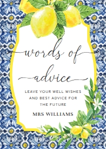 POS-BLY-7-B134 - POSITANO BLUE TILE LEMONS - WORDS OF ADVICE SIGN - 5" x 7": POS-BLY-10-B133 - POSITANO BLUE TILE LEMONS - WORDS OF ADVICE CARDS AND SIGN