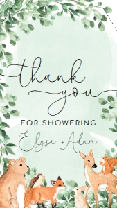 WOD-GRE-6-B1903 - WOODLAND - GREEN - THANK YOU FAVOUR TAG - 8cm x 4.5cm: WOD-GRE-10-B1923 - WOODLAND - GREEN - BABY SHOWER GAMES BUNDLE