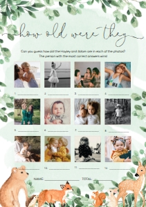 WOD-GRE-10-B1912 - WOODLAND - GREEN - HOW OLD WERE THEY PHOTO GAME - A5: WOD-GRE-10-B1923 - WOODLAND - GREEN - BABY SHOWER GAMES BUNDLE