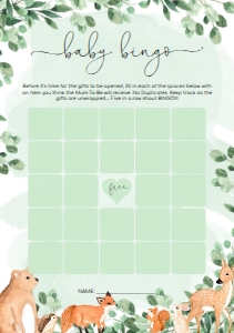 WOD-GRE-10-B1914 - WOODLAND - GREEN - BABY BINGO 25 SQUARE GAME - A5: WOD-GRE-10-B1923 - WOODLAND - GREEN - BABY SHOWER GAMES BUNDLE