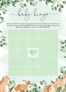 WOD-GRE-10-B1914 - WOODLAND - GREEN - BABY BINGO 25 SQUARE GAME - 5" x 7": WOD-GRE-10-B1923 - WOODLAND - GREEN - BABY SHOWER GAMES BUNDLE