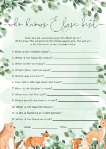 WOD-GRE-10-B1913 - WOODLAND - GREEN - HOW KNOWS MOMMY BEST GAME - 5" x 7": WOD-GRE-10-B1923 - WOODLAND - GREEN - BABY SHOWER GAMES BUNDLE