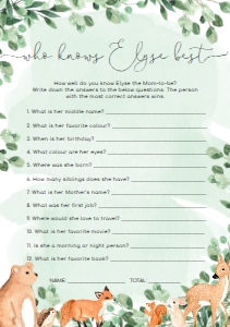 WOD-GRE-10-B1913 - WOODLAND - GREEN - WHO KNOWS MUMMY BEST GAME - A5: WOD-GRE-10-B1923 - WOODLAND - GREEN - BABY SHOWER GAMES BUNDLE