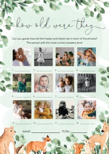WOD-GRE-10-B1912 - WOODLAND - GREEN - HOW OLD WERE THEY PHOTO GAME - 5" x 7": WOD-GRE-10-B1923 - WOODLAND - GREEN - BABY SHOWER GAMES BUNDLE