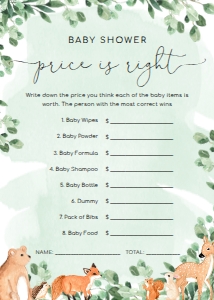 WOD-GRE-10-B1915 - WOODLAND - GREEN - BABY SHOWER PRICE IS RIGHT GAME - 5" x 7": WOD-GRE-10-B1923 - WOODLAND - GREEN - BABY SHOWER GAMES BUNDLE