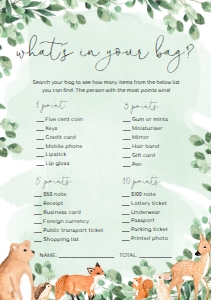 WOD-GRE-10-B1917 - WOODLAND - GREEN - WHAT'S IN YOUR BAG GAME - A5: WOD-GRE-10-B1923 - WOODLAND - GREEN - BABY SHOWER GAMES BUNDLE