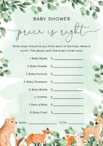 WOD-GRE-10-B1915 - WOODLAND - GREEN - BABY SHOWER PRICE IS RIGHT GAME - A5: WOD-GRE-10-B1923 - WOODLAND - GREEN - BABY SHOWER GAMES BUNDLE