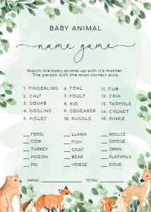 WOD-GRE-10-B1916 - WOODLAND - GREEN - BABY ANIMAL NAME GAME - 5" x 7": WOD-GRE-10-B1923 - WOODLAND - GREEN - BABY SHOWER GAMES BUNDLE