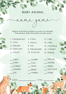 WOD-GRE-10-B1916 - WOODLAND - GREEN - BABY ANIMAL NAME GAME - A5: WOD-GRE-10-B1923 - WOODLAND - GREEN - BABY SHOWER GAMES BUNDLE