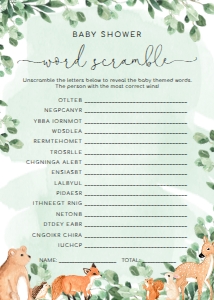 WOD-GRE-10-B1918 - WOODLAND - GREEN - BABY WORD SCRAMBLE GAME - 5" x 7": WOD-GRE-10-B1923 - WOODLAND - GREEN - BABY SHOWER GAMES BUNDLE