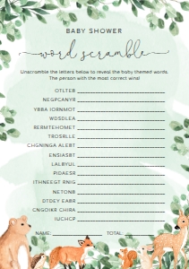 WOD-GRE-10-B1918 - WOODLAND - GREEN - BABY WORD SCRAMBLE GAME - A5: WOD-GRE-10-B1923 - WOODLAND - GREEN - BABY SHOWER GAMES BUNDLE