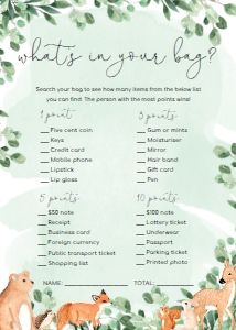 WOD-GRE-10-B1917 - WOODLAND - GREEN - WHAT'S IN YOUR BAG GAME - 5" x 7": WOD-GRE-10-B1923 - WOODLAND - GREEN - BABY SHOWER GAMES BUNDLE