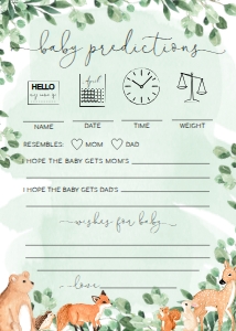 WOD-GRE-10-B1919 - WOODLAND - GREEN - BABY PREDICTIONS GAME - 5" x 7": WOD-GRE-10-B1923 - WOODLAND - GREEN - BABY SHOWER GAMES BUNDLE