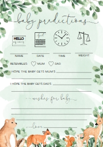 WOD-GRE-10-B1919 - WOODLAND - GREEN - BABY PREDICTIONS GAME - A5: WOD-GRE-10-B1923 - WOODLAND - GREEN - BABY SHOWER GAMES BUNDLE