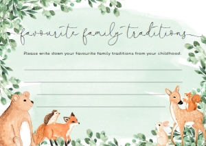 WOD-GRE-10-B1920 - WOODLAND - GREEN - FAVOURITE FAMILY TRADITIONS GAME CARD - A6: WOD-GRE-10-B1923 - WOODLAND - GREEN - BABY SHOWER GAMES BUNDLE
