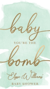WAT-GRE-6-B1929 - WATERCOLOUR GREEN - GOLD - BABY YOU'RE THE BOMB FAVOUR TAG - 9cm x 5cm: WAT-GRE-6-B1929 - WATERCOLOUR GREEN - GOLD - BABY YOU'RE THE BOMB FAVOUR TAG