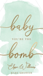 WAT-GRE-6-B1929 - WATERCOLOUR GREEN - GOLD - BABY YOU'RE THE BOMB FAVOUR TAG - 8cm x 4.5cm: WAT-GRE-6-B1929 - WATERCOLOUR GREEN - GOLD - BABY YOU'RE THE BOMB FAVOUR TAG