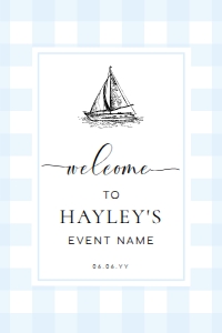 GIN-BLU-3-B2686 - GINGHAM - BLUE SAILING BOAT - WELCOME SIGN - PORTRAIT - 24" x 36": GIN-BLU-3-B2686 - GINGHAM - BLUE SAILING BOAT - WELCOME SIGN