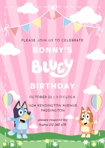 BLU-PNK-1-B1532 - BLUEY - PINK - BIRTHDAY INVITATION - 5" x 7": BLU-PNK-1-B1532 - BLUEY - PINK - BIRTHDAY INVITATION