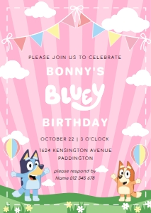 BLU-PNK-1-B1532 - BLUEY - PINK - BIRTHDAY INVITATION - A6: BLU-PNK-1-B1532 - BLUEY - PINK - BIRTHDAY INVITATION