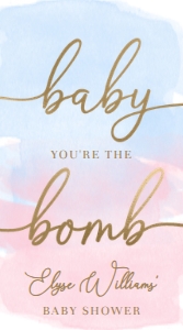 WAT-PNB-6-B1929 - WATERCOLOUR PINK BLUE - GOLD - BABY YOU'RE THE BOMB FAVOUR TAG - 9cm x 5cm: WAT-PNB-6-B1929 - WATERCOLOUR PINK BLUE - GOLD - BABY YOU'RE THE BOMB FAVOUR TAG