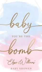 WAT-PNB-6-B1929 - WATERCOLOUR PINK BLUE - GOLD - BABY YOU'RE THE BOMB FAVOUR TAG - 1.75" x 3": WAT-PNB-6-B1929 - WATERCOLOUR PINK BLUE - GOLD - BABY YOU'RE THE BOMB FAVOUR TAG