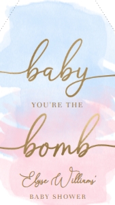 WAT-PNB-6-B1929 - WATERCOLOUR PINK BLUE - GOLD - BABY YOU'RE THE BOMB FAVOUR TAG - 8cm x 4.5cm: WAT-PNB-6-B1929 - WATERCOLOUR PINK BLUE - GOLD - BABY YOU'RE THE BOMB FAVOUR TAG